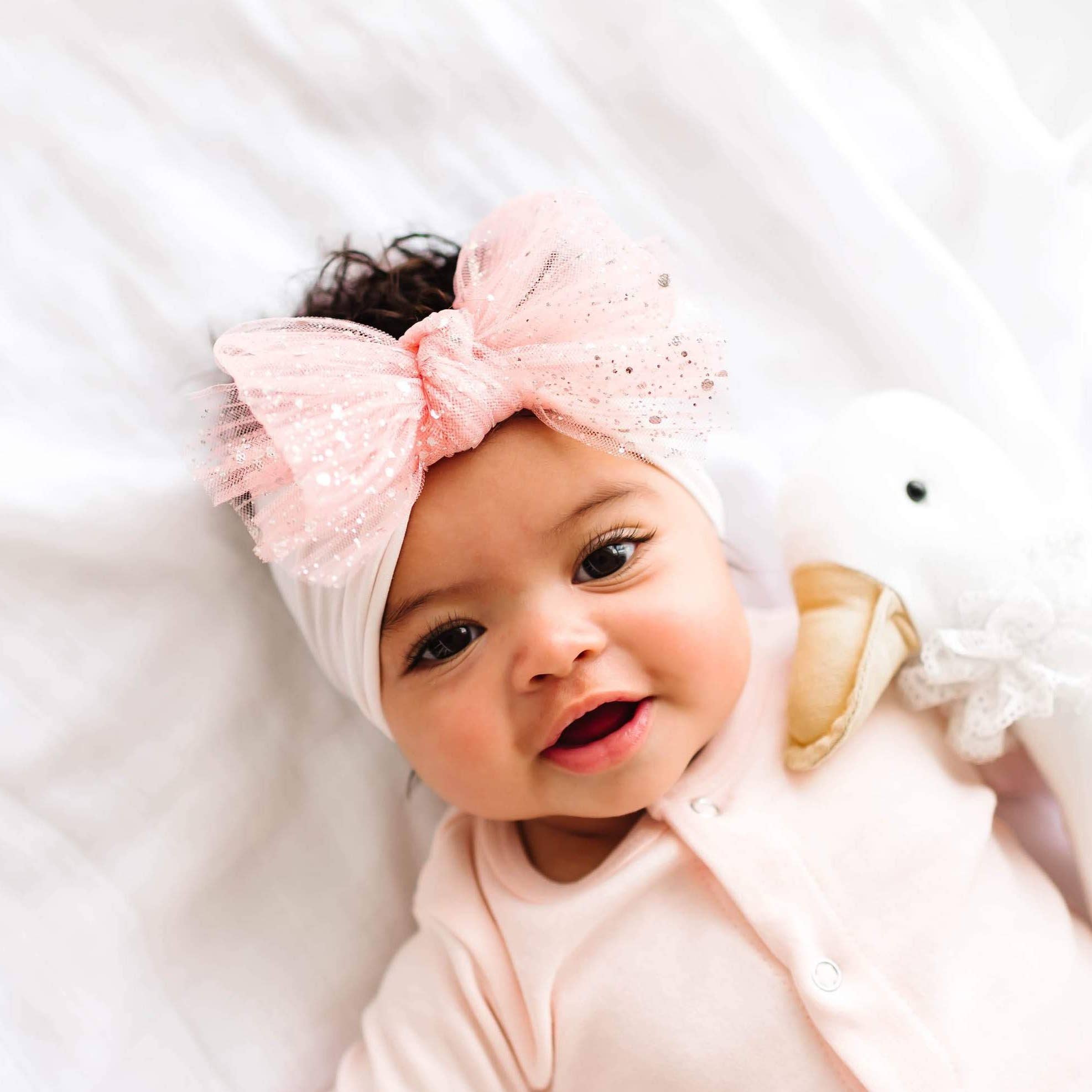 Baby Bling® Tulle FAB® soft nylon headband with tulle bow: Pleated Blush hair bowsBaby Bling BowsTAYLOR + MAX