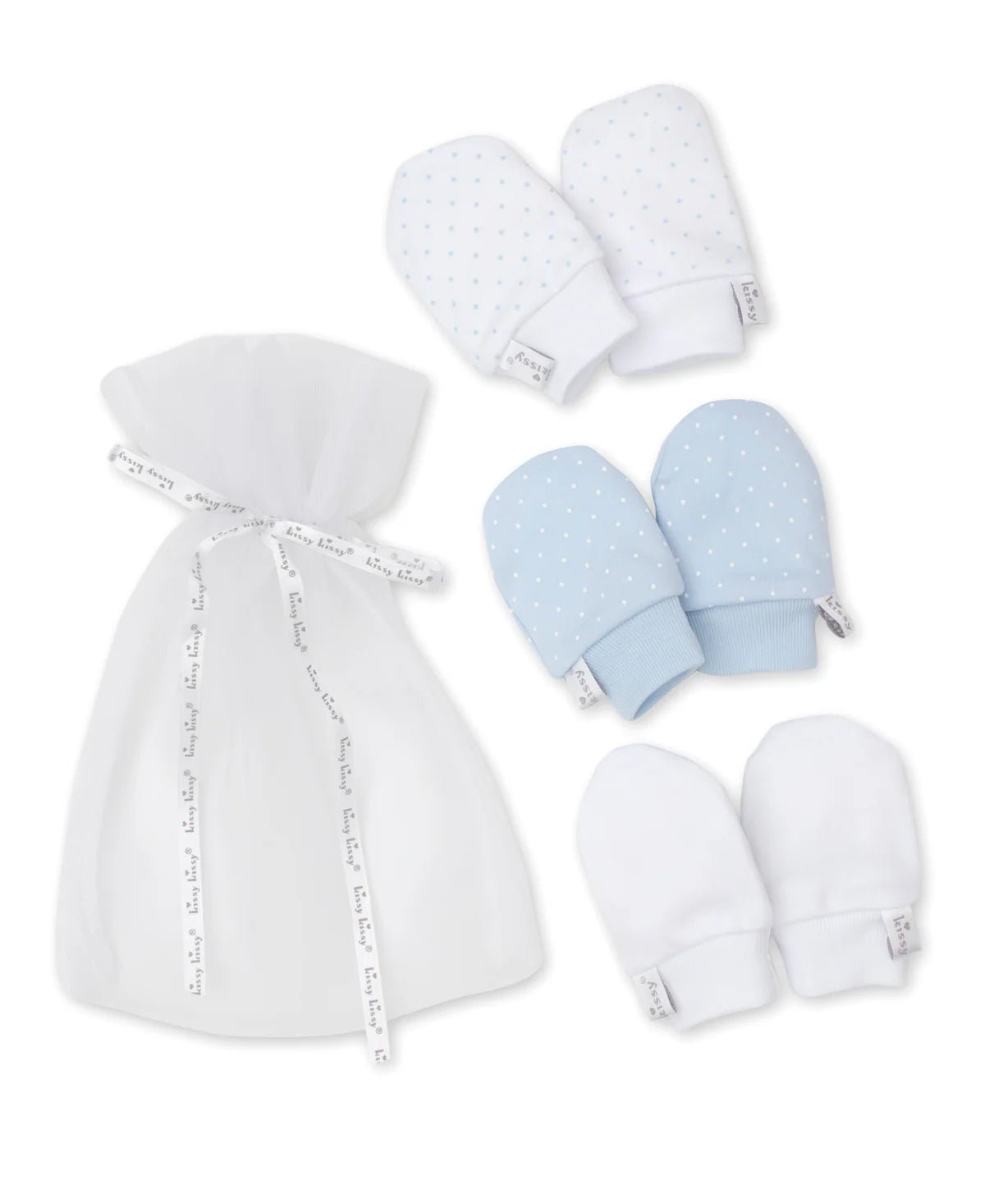 Kissy Dots 3 Pack Blue Mittens Set w/ Tulle Bag NewbornKissy KissyTAYLOR + MAX