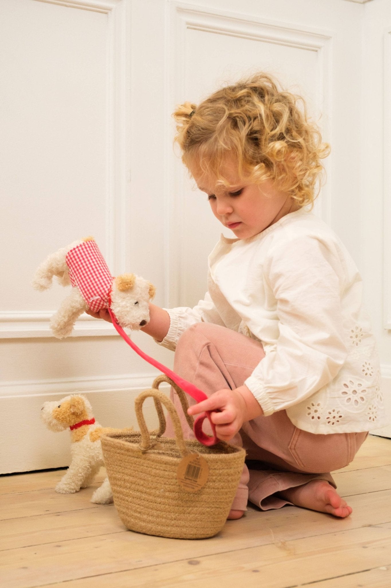 Plush Eliot with Leash and Coat in a Basket Egmont